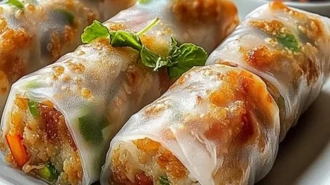 Crunchy air fryer rice paper noodle rolls served with dipping sauce.