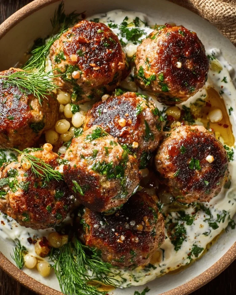 Juicy turkey meatballs with tangy lemon yogurt sauce on a plate