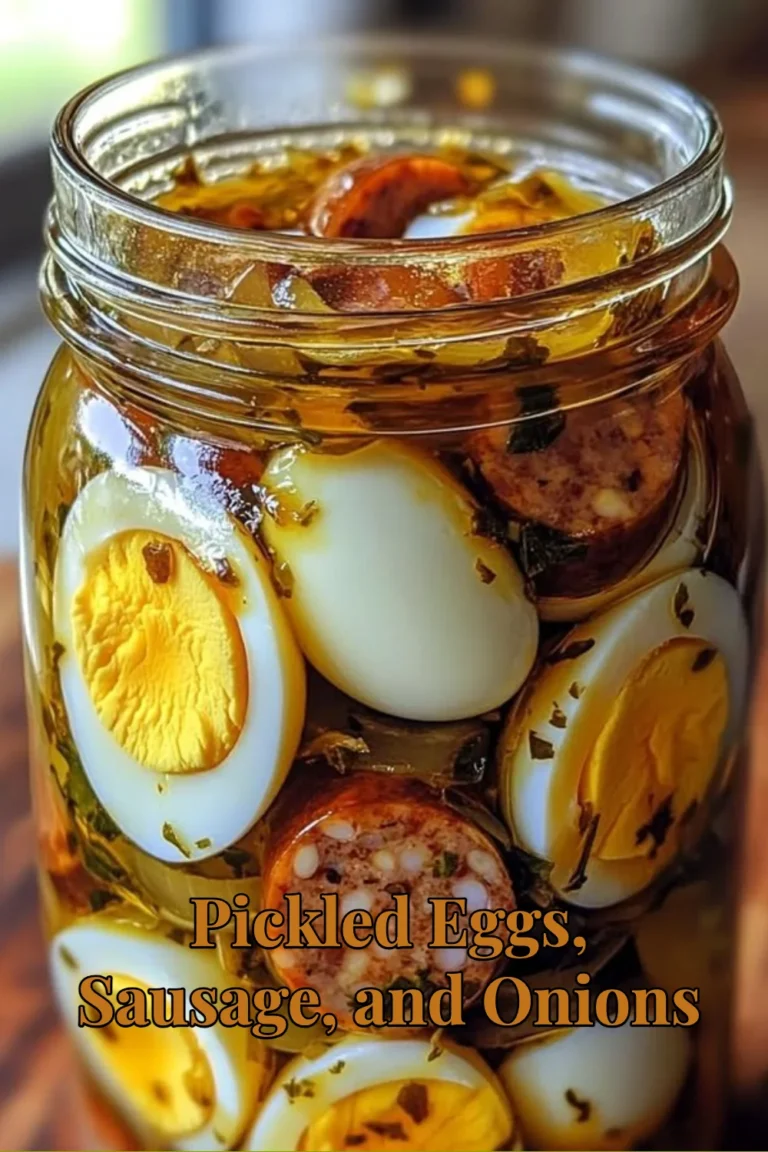 Delicious pickled eggs served with sausage and onions on a platter.