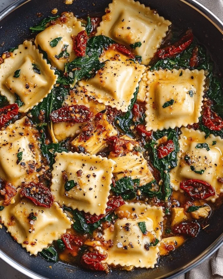 Delicious ravioli filled with sun-dried tomatoes and spinach on a plate