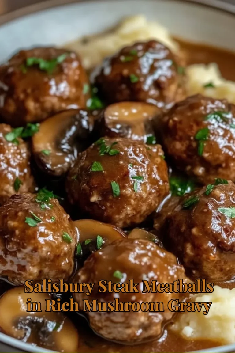 Salisbury steak meatballs served in rich mushroom gravy with herbs