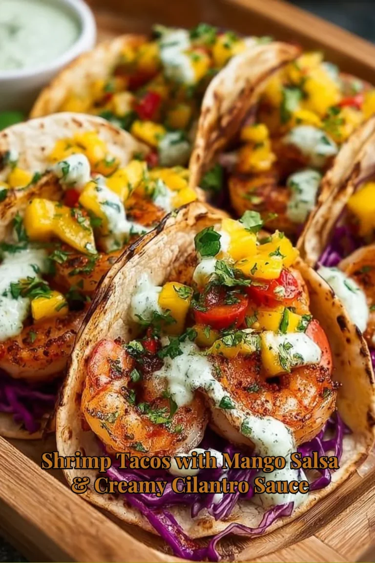 Delicious shrimp tacos topped with mango salsa and creamy cilantro sauce