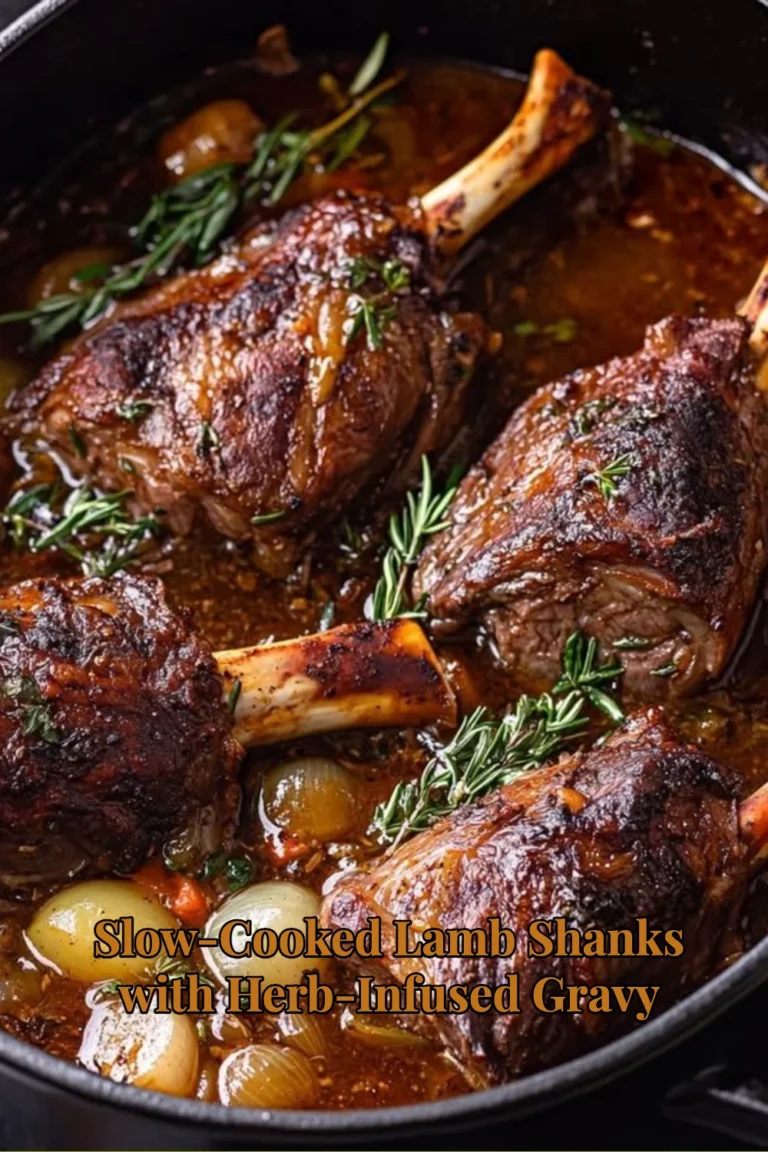 Slow-cooked lamb shanks with herb-infused gravy on a rustic table