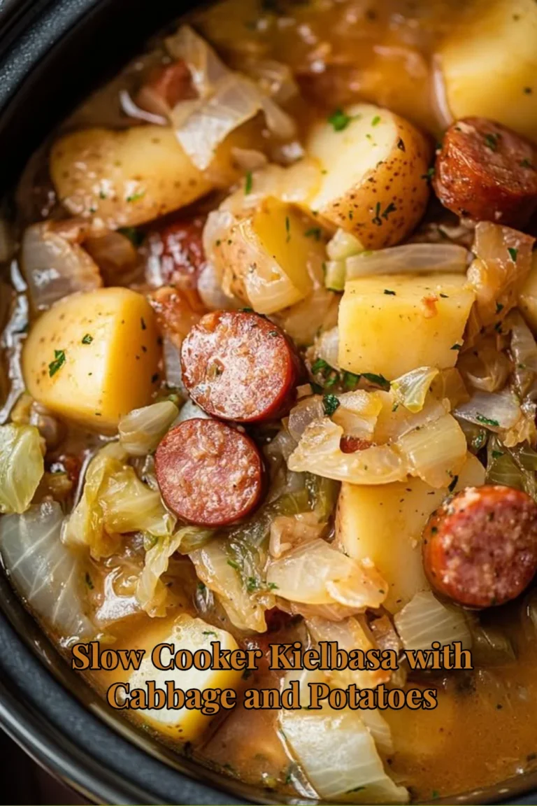 Slow cooker kielbasa dish with cabbage and potatoes ready to serve.