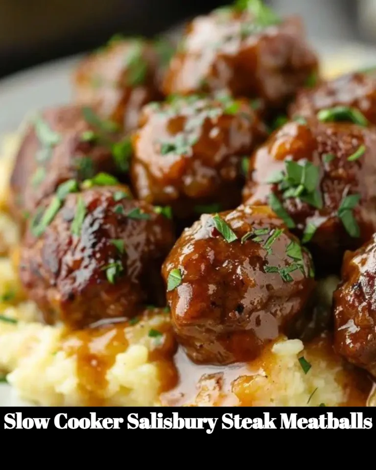 Slow Cooker Salisbury Steak Meatballs served on a plate with gravy