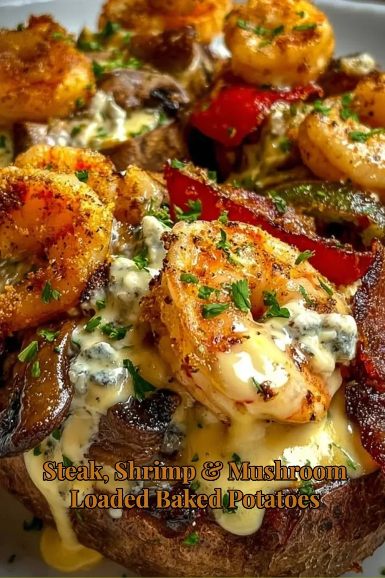 Delicious steak, shrimp, and mushroom loaded baked potatoes topped with cheese.