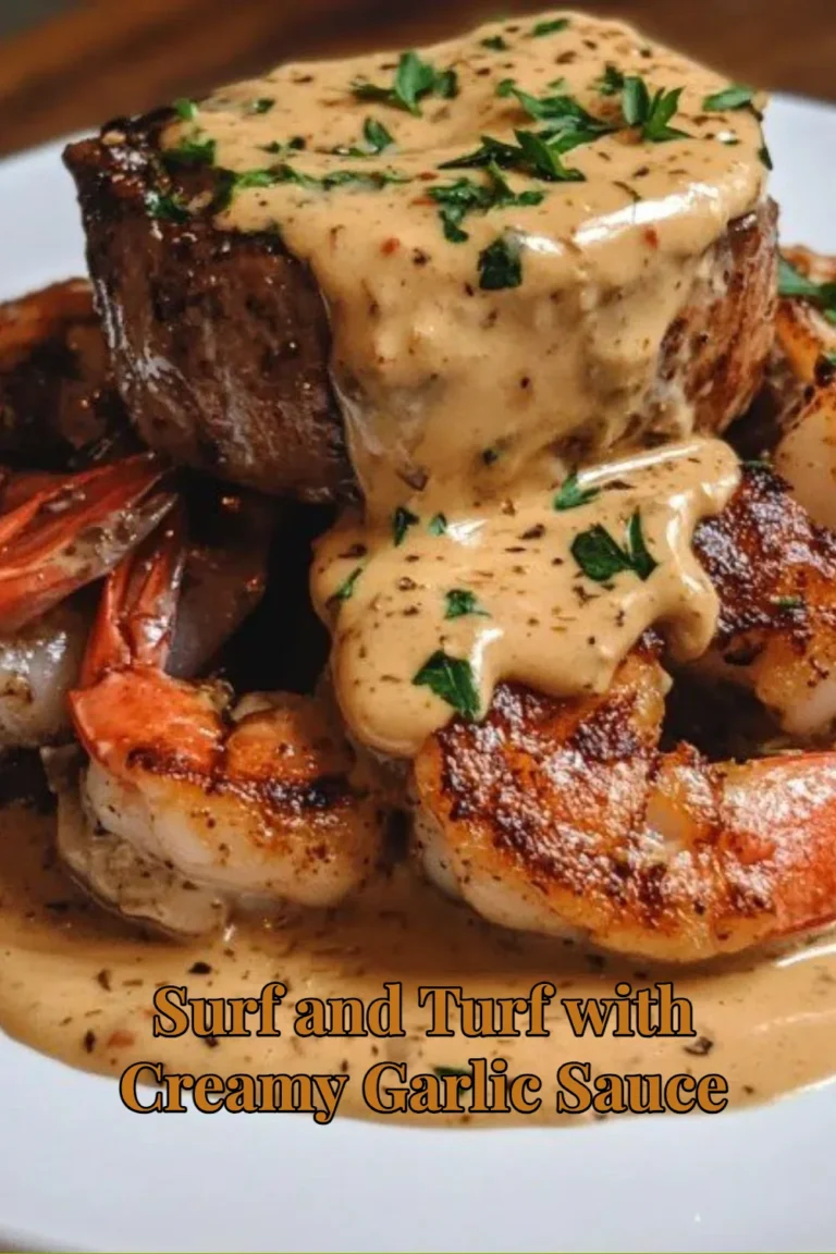 Surf and Turf dish with steak and seafood topped with creamy garlic sauce