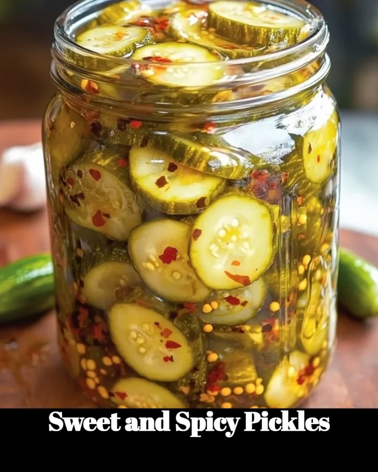 Jar of homemade Sweet and Spicy Pickles featuring vibrant cucumbers and spices.