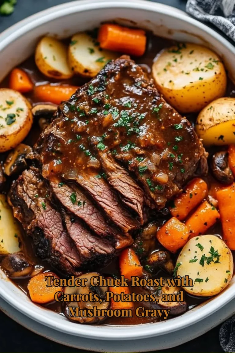 Tender chuck roast with carrots, potatoes, and mushroom gravy on a plate
