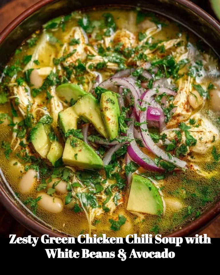 Zesty green chicken chili soup with white beans and avocado in a bowl