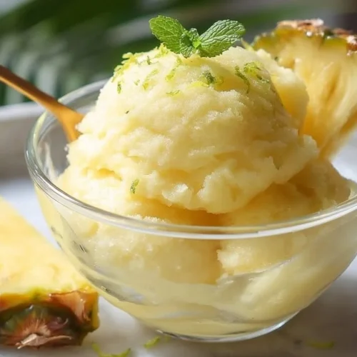 Delicious 3 Ingredient Pineapple Sorbet served in a bowl