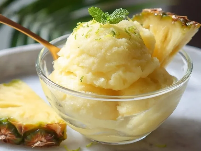 Delicious 3 Ingredient Pineapple Sorbet served in a bowl