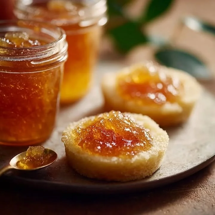 Homemade apple jelly in a jar with fresh apples and a spoon.