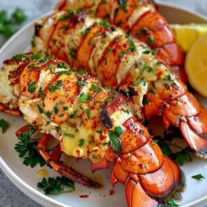 Cowboy butter lobster tails served on a plate garnished with herbs