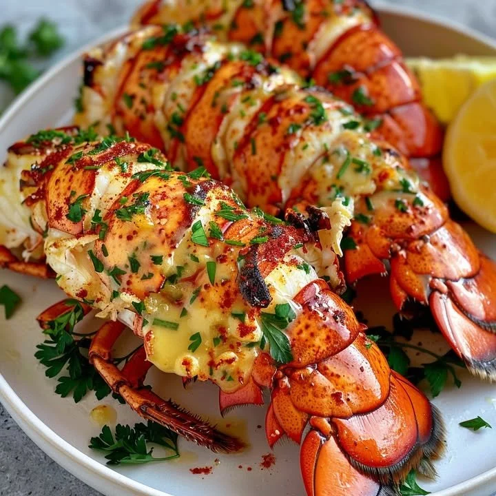 Cowboy butter lobster tails served on a plate garnished with herbs