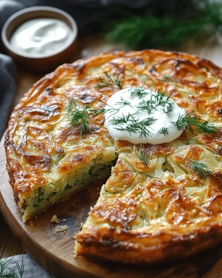Crispy cabbage pie topped with dill cream sauce, a delicious savory dish