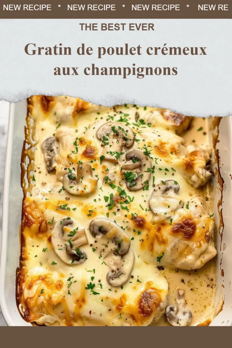 Gratin de poulet crémeux aux champignons servi dans un plat traditionnel.