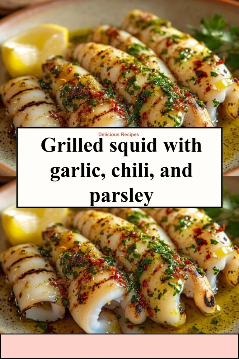 Calamar grillé avec ail, piment et persil sur une assiette délicieuse