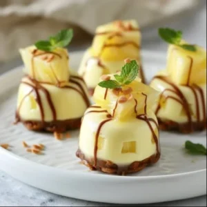 Irresistible white chocolate pineapple cheesecake bites on a dessert plate