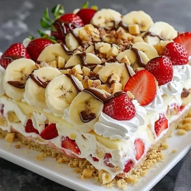 No-bake banana split cheesecake topped with cherries and whipped cream