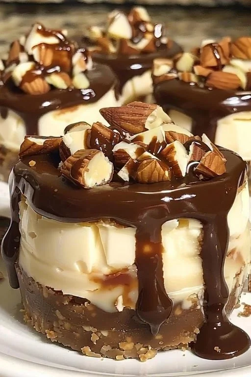 No bake turtle mini cheesecakes with chocolate, caramel, and nuts