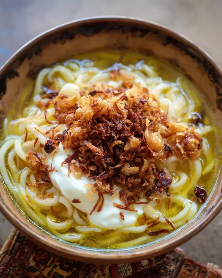 Bowl of Persian noodle soup garnished with fresh herbs and spices