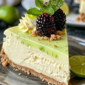 Slice of refreshing lime mousse cheesecake with a vibrant lime glaze