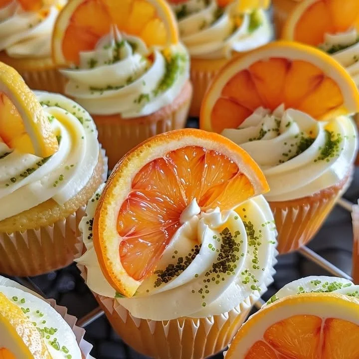 Triple citrus burst cupcakes topped with zesty frosting and fresh fruit