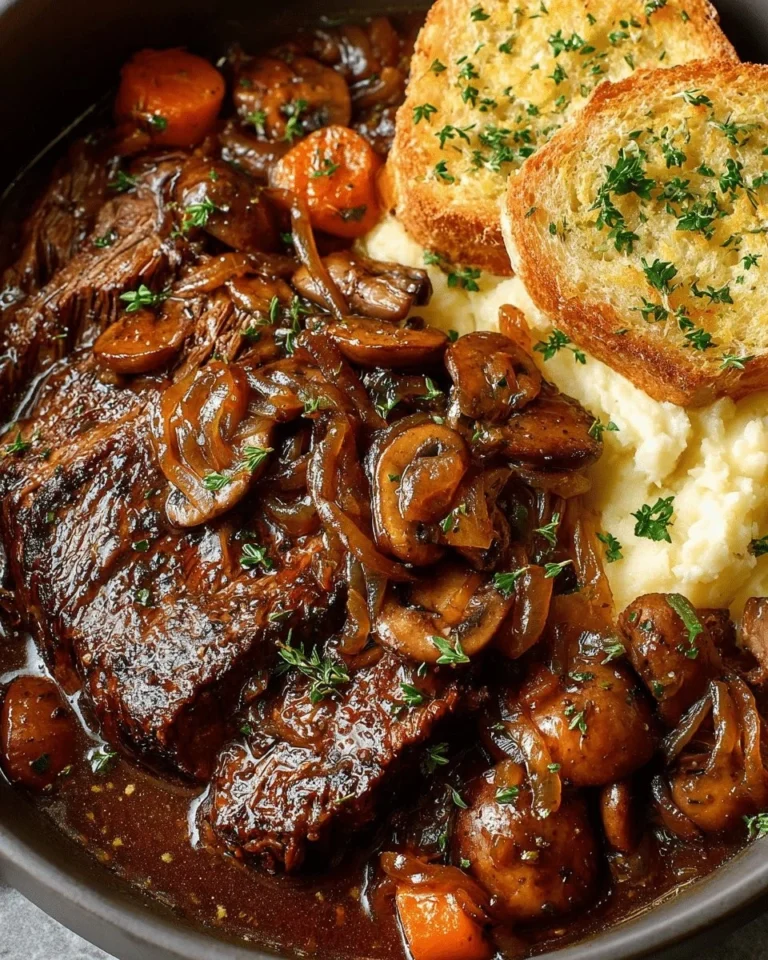Savory French onion beef braised with mushrooms and topped with Gruyère toast
