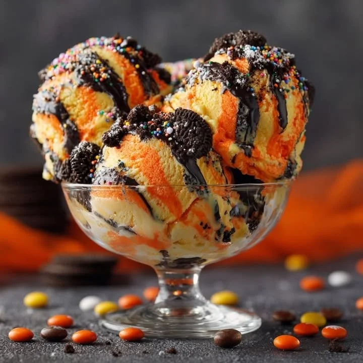 Spooky Halloween swirl ice cream in a festive bowl with Halloween decorations.