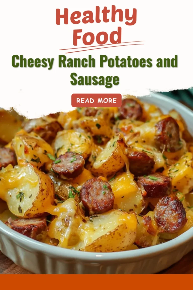 Cheesy ranch potatoes and sausage dish served in a bowl, garnished with herbs