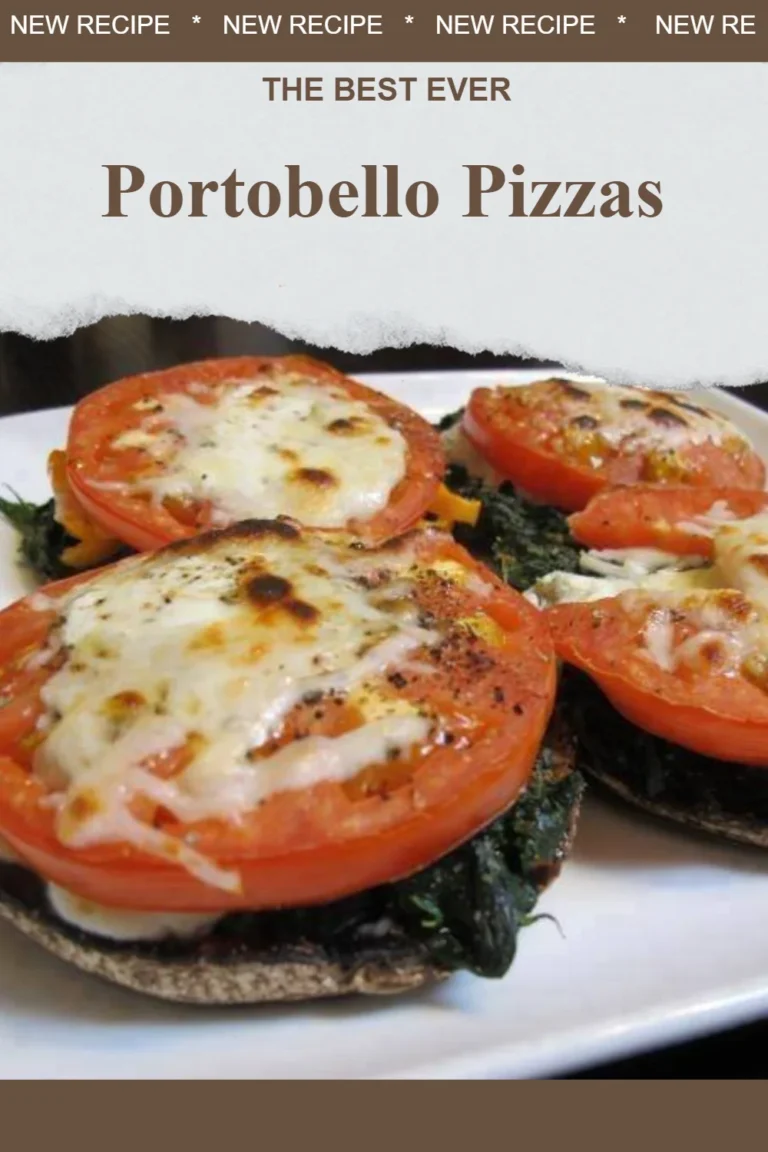 Portobello pizzas topped with fresh ingredients on a wooden board