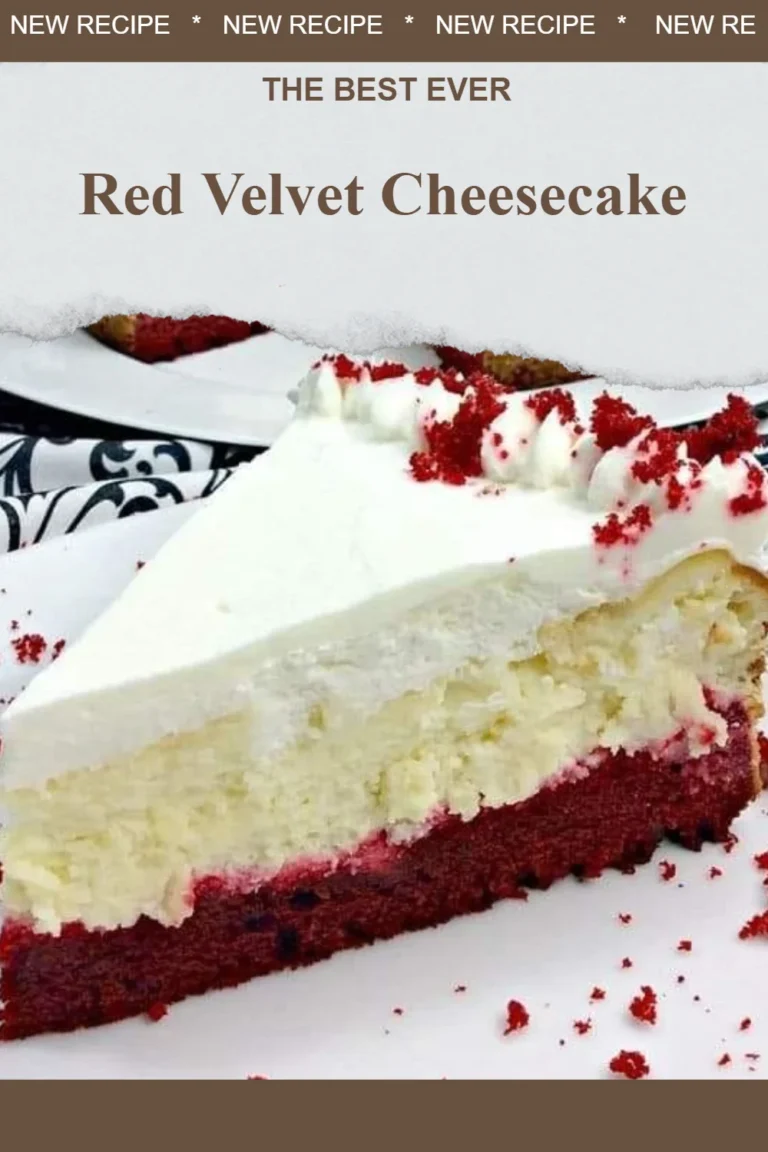 Slice of red velvet cheesecake topped with cream cheese frosting and red crumbs