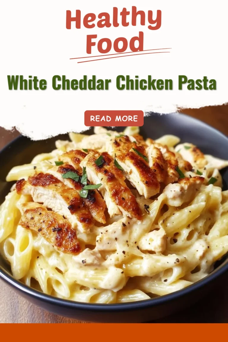 A bowl of creamy White Cheddar Chicken Pasta topped with herbs.